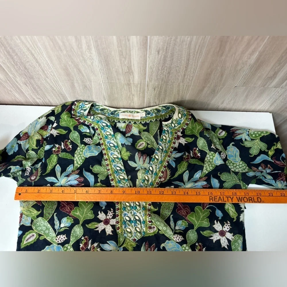 Tory Burch Embellished Garden Wisteria Beaded Garden Tunic Top Floral